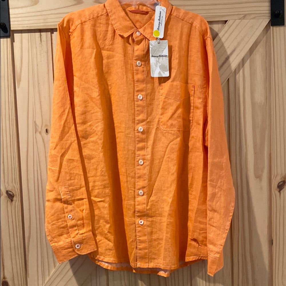 Men’s Tommy Bahama Bright Orange Casual Button Down Shirt Linen, size Large